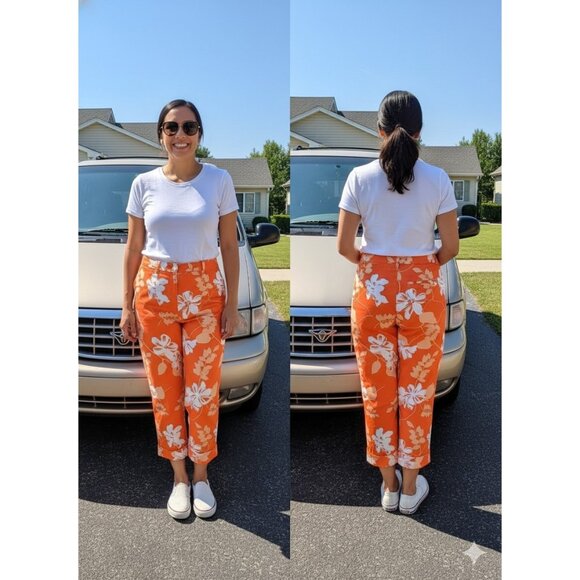 Vintage Rafaella Capri Pants Women's 10  Orange Floral Tropical Stretch - Picture 1 of 5